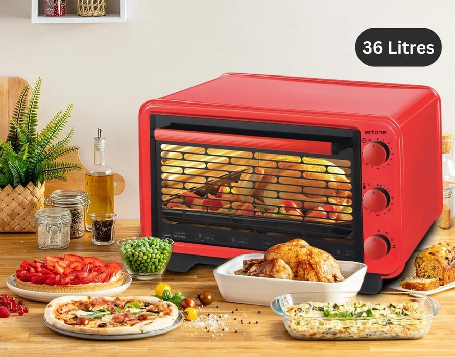 Elektrischer Mini-Backofen 36L | 1420W | Rot | Timer & Thermostat