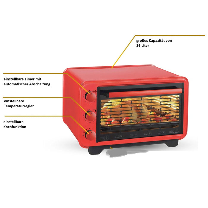 Elektrischer Mini-Backofen 36L | 1420W | Rot | Timer & Thermostat